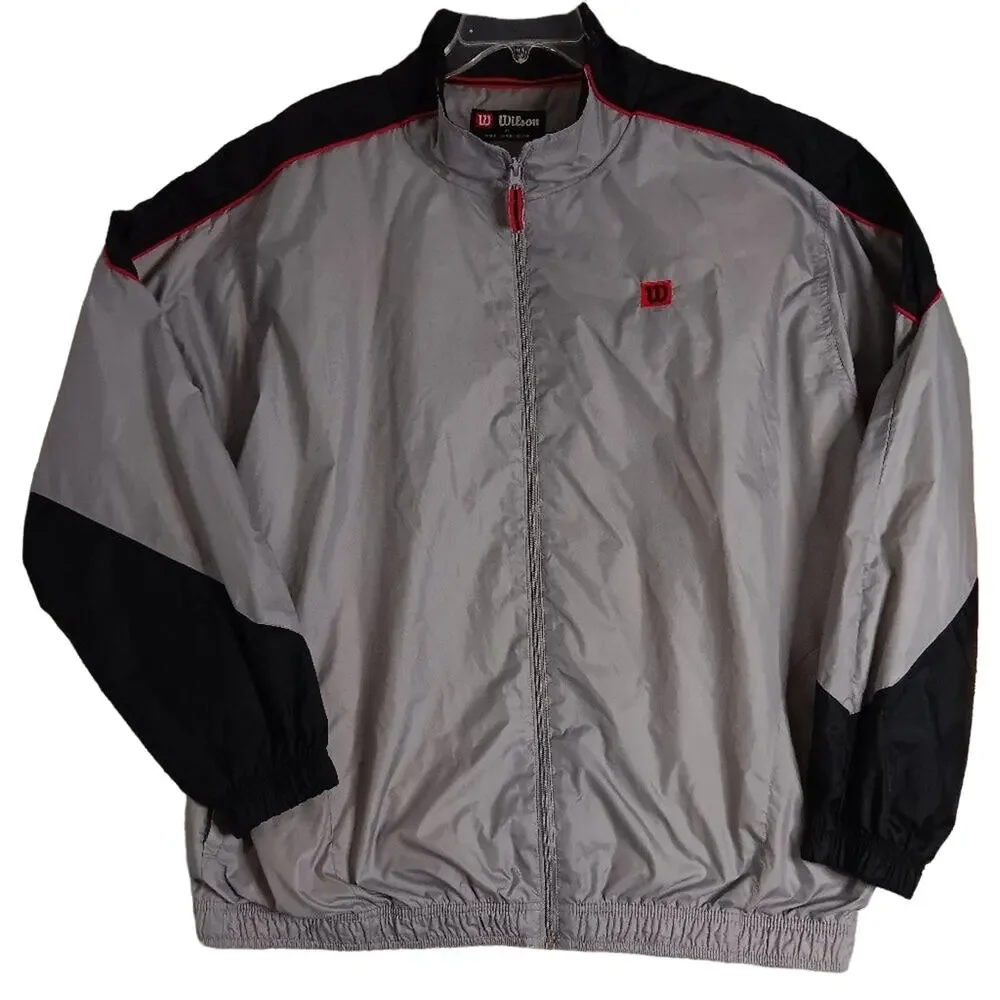 Wilson Vintage Windbreaker Jacket‎ Mens XL Gray/Black Nylon Logo Tennis Y2K Zip